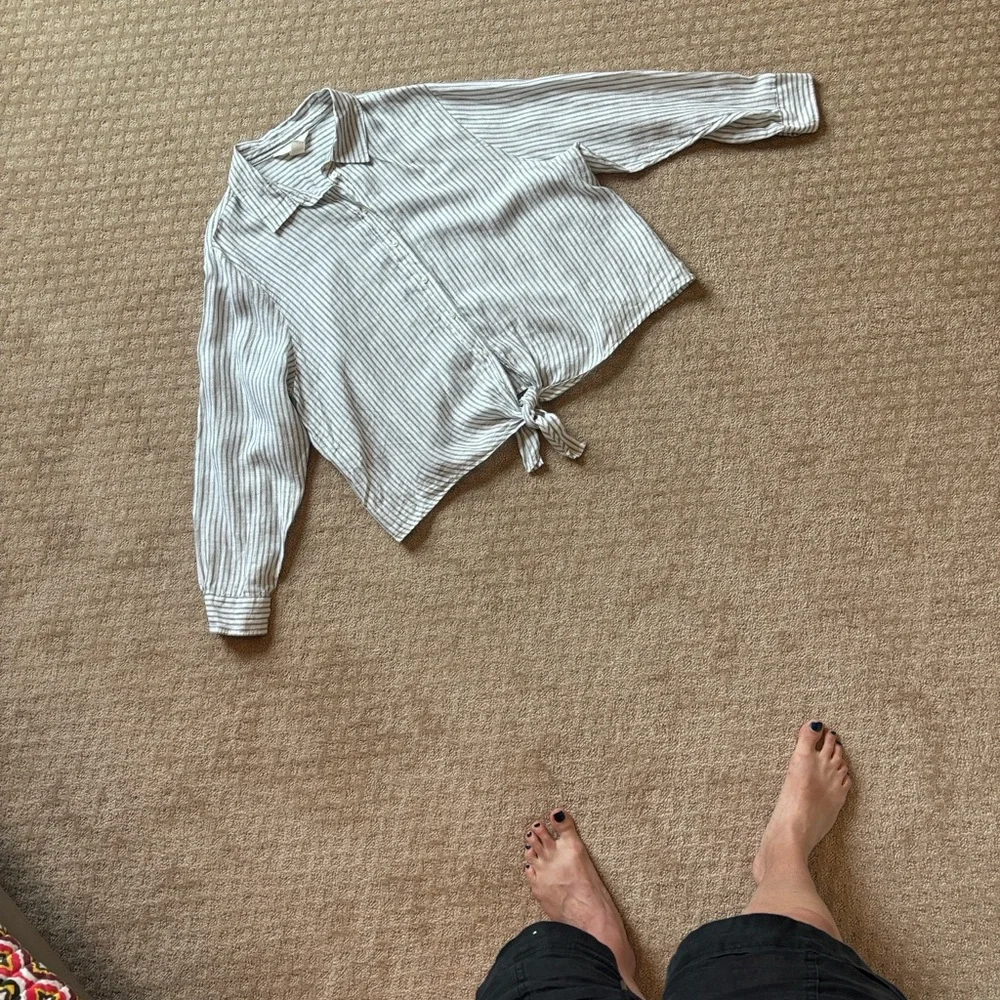 H&M Linen Green & White Striped Button-Up Women's Top XL - Picture 4 of 13